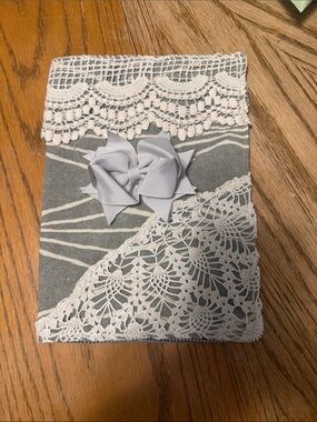 Quince Gray and White Crochet Lace Decorative Bible Cover with Rosette Detail